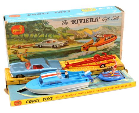 Corgi Toys Gift Set 31 ‘The Riviera’. Comprising Buick Riviera in metallic blue with red interior. Plus a Dolphin 20 Cabin Cr