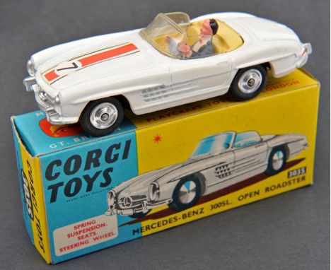 Corgi Toys Mercedes Benz 300SL Open Roadster (303s). Example in white with yellow interior, red/white/black racing stripe RN7