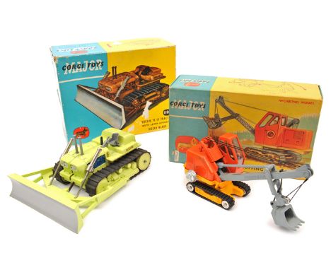 2 Corgi Major Toys. ‘Euclid TC-12 Tractor with lever operated dozer blade (1107). Example in light lime green with silver sea