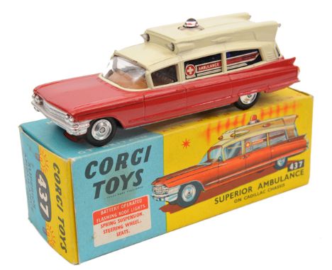 Corgi Toys Superior Ambulance on Cadillac Chassis (437). In red and cream livery with dark blue windows with Ambulance decals