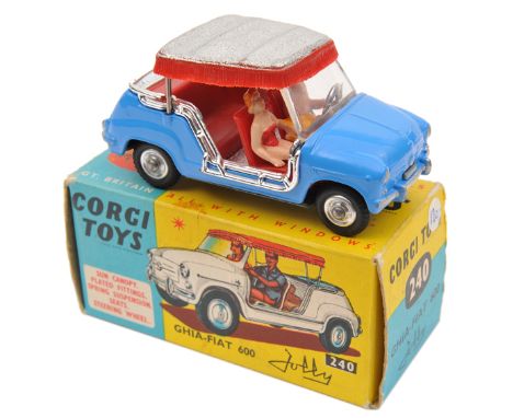 Corgi Toys Ghia-Fiat 600 Jolly (240). An example in mid blue with red interior, silver canopy with red fringe. Complete with 
