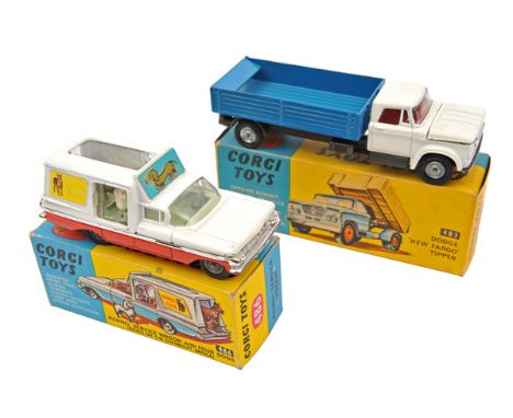 2 Corgi Toys. Dodge ‘Kew Fargo’ Tipper (483). In white and blue with metallic grey chassis and red interior. Chevrolet Impala