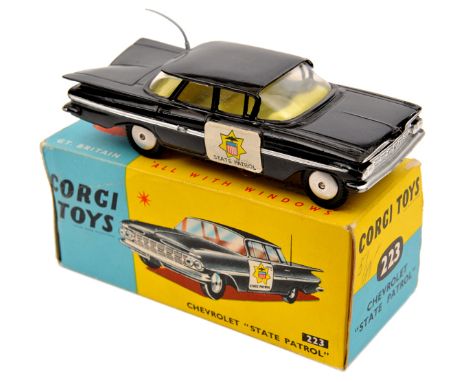 Corgi Toys Chevrolet Impala ‘State Patrol’ (223). In black with silver flash and yellow interior, ‘State Patrol’ white sticke