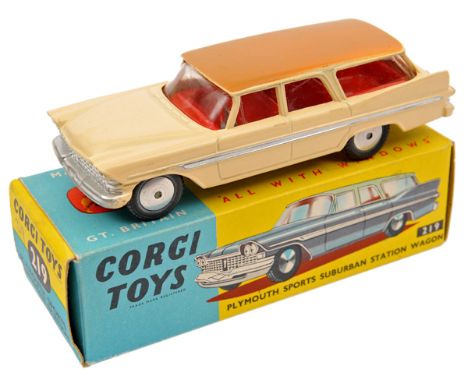 Corgi Toys Plymouth Sports Suburban Station Wagon (219). Light cream body with fawn roof and red interior. With smooth flat w