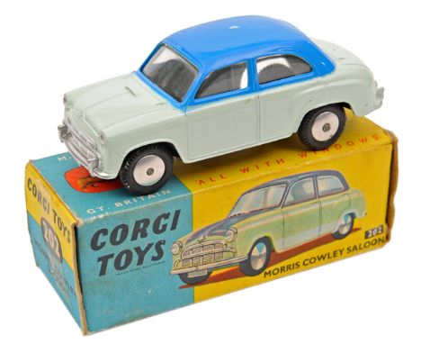 Corgi Toys Morris Cowley Saloon (202). An example with mid blue roof and upper sides, with very pale blue lower and smooth wh