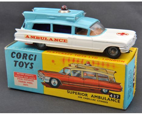 Corgi Toys Superior Ambulance on Cadillac Chassis (437). In light blue and white livery with dark blue windows with Ambulance