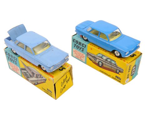 2 Corgi Toys. Chevrolet Corvair (229). An example in mid blue and an example in pale blue, both with light yellow interiors. 