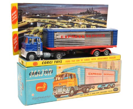 Corgi Major Toys Ford Tilt Cab ‘H’ series with detachable Trailer (1137). In ‘Express Service’ metallic blue, silver and red 