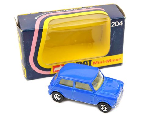 Corgi Whizzwheels Mini-Minor (204). In bright blue with yellow interior. Boxed, minor wear. Vehicle Mint. See internet.