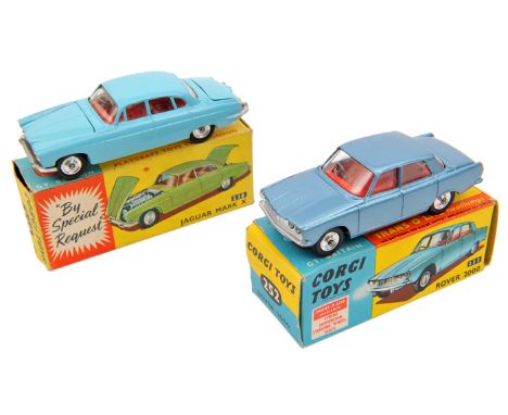 2 Corgi Toys. Jaguar Mark X (238). Example in light blue with red interior. Plus a Rover 2000 (252) in light metallic blue wi