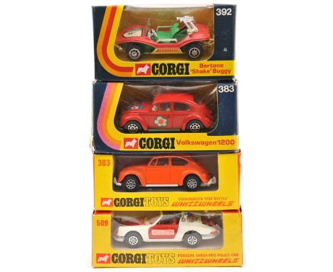 4 Corgi Whizzwheels. Two Volkswagen Beetle (383). One in red ‘Flower Power’ livery with white interior and green base/bumpers