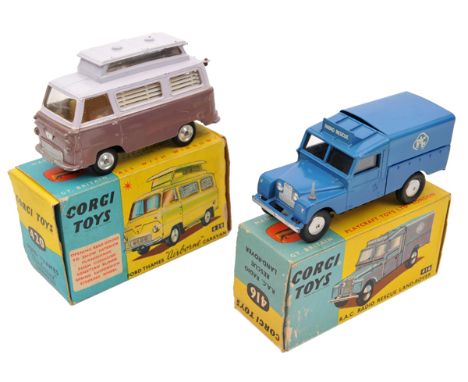 2 Corgi Toys. R.A.C. Radio Rescue Land-Rover (416). First issue Series 1 in blue with blue tin tilt. Aerial A.F. Plus a Ford 