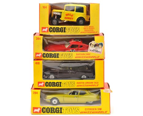 4 Corgi Whizzwheels. Ison Bros ‘Wild Honey’ Dragster (164). In yellow with green windows. Citroen SM (284) in metallic yellow