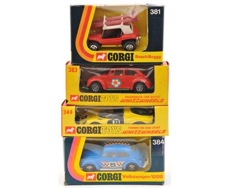 4 Corgi Whizzwheels. Ferrari 206 Dino Sport (344) in yellow with black doors, RN23. G.P. Beach Buggy (381) in red with white 