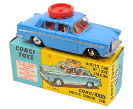 Corgi Toys Austin A.60 Motor School Car (255). A L.H.D. export example in mid blue with silver flash, red interior and wheel 