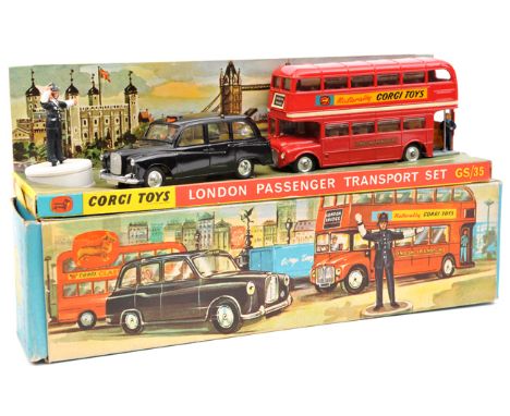 Corgi Toys Gift Set 35 London Passenger Transport Set. Comprising an Austin FX4 Taxi in black with yellow interior, a London 