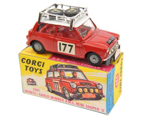 Corgi Toys 1967 Monte-Carlo Winner B.M.C. Austin Mini Cooper ‘S’ (339). In red RN 177, with white roof fitted with roof rack 