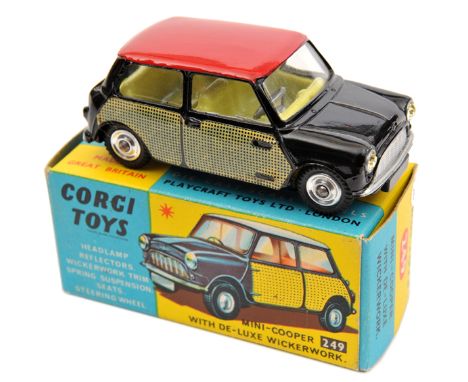 Corgi Toys Mini-Cooper with de-luxe wickerwork (249). In black with red roof and yellow interior. Sides and rear boot lid wit