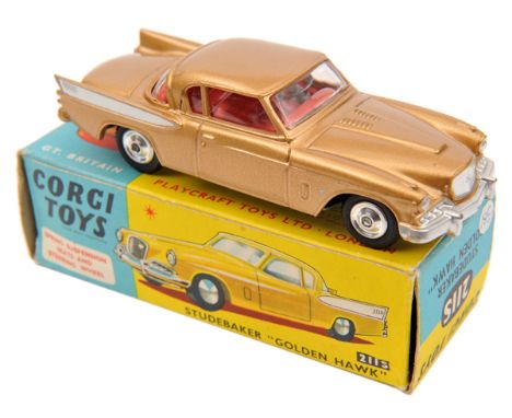 Corgi Toys Studebaker ‘Golden Hawk’ (211s). In metallic gold with white flash, red interior and smooth spun wheels. Boxed, mi