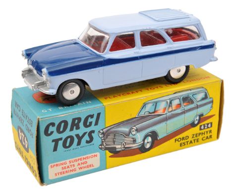 Corgi Toys Ford Zephyr Estate Car (424). In light blue and dark blue with red interior, example with smooth wheels. Boxed. Ve