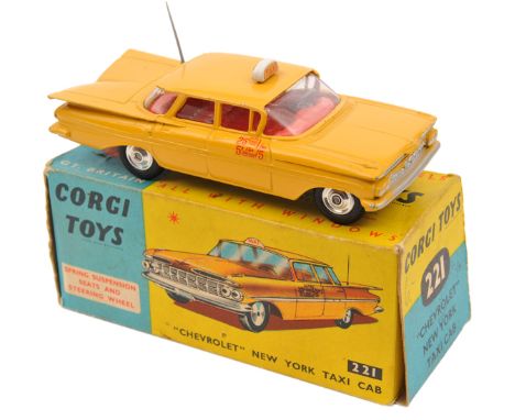 Corgi Toys Chevrolet Impala New York Taxi cab (221). Example in all over yellow with red interior, Taxi fare to front doors. 