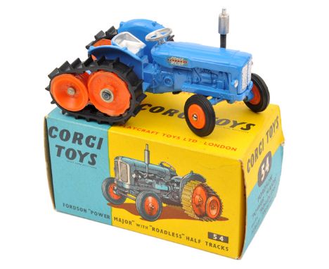 Corgi Toys Fordson ‘Power Major’ with ‘Roadless’ Half Tracks (54). In light blue with orange plastic wheels, black front tyre