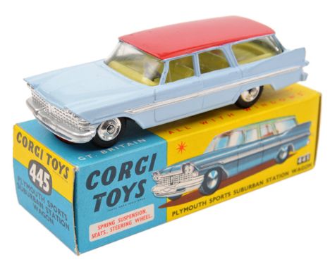 Corgi Toys Plymouth Sports Suburban Station Wagon (445). Light blue body with red roof and yellow interior. With spun wheels.