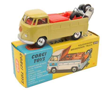 Corgi Toys Volkswagen Breakdown Truck (490). An example in light olive green with red interior and rear equipment boxes. Comp