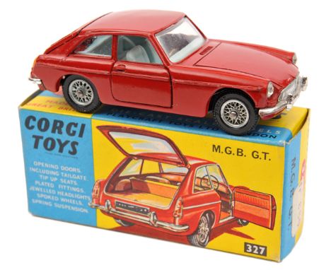 Corgi Toys MGB GT (327). In deep red with light blue interior and spoked wheels. Boxed. Vehicle Mint. Plate 5