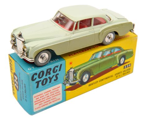 Corgi Toys Bentley Continental Sports Saloon (224). An example in pale green and metallic green with red interior. Spun wheel