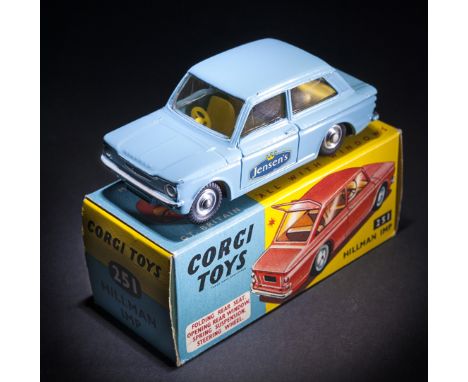 Corgi Toys Hillman Imp (251). An example in light blue ‘Jensen’s’ livery fitted with bright yellow interior. Boxed, minor wea