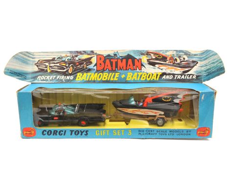 Corgi Toys Gift Set 3 Rocket Firing Batmobile & Batboat and trailer. Batmobile 2nd type in gloss black with red bat centres t