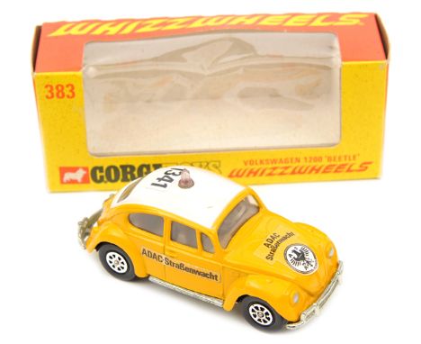 Corgi Whizzwheels Volkswagen 1200 Beetle (383). German export example in yellow /white ADAC (German AA) livery, with light to