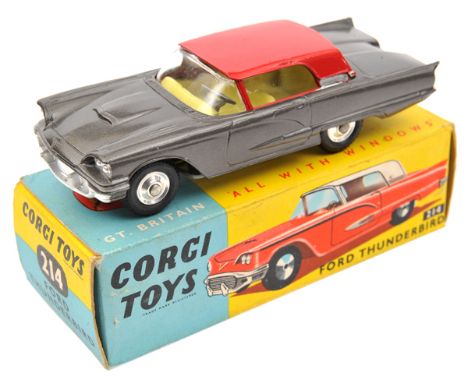 Corgi Toys Ford Thunderbird (214). A hard top coupe version with suspension, in metallic gun metal grey with red roof and yel