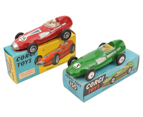 2 Corgi Toys. Vanwall ‘Formula 1 Grand Prix’ (150). Ist type in dark green with cream seat, RN3. In early all blue box, with 