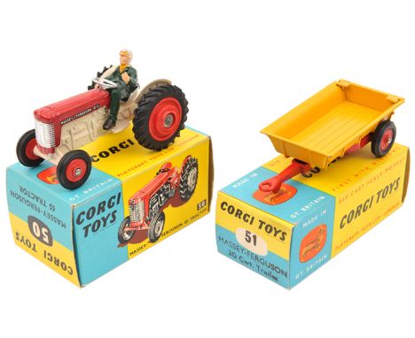 2 Corgi Toys. Massey Ferguson 65 Tractor (50). In red and cream with red wheels and black rubber tyres. Complete with driver.