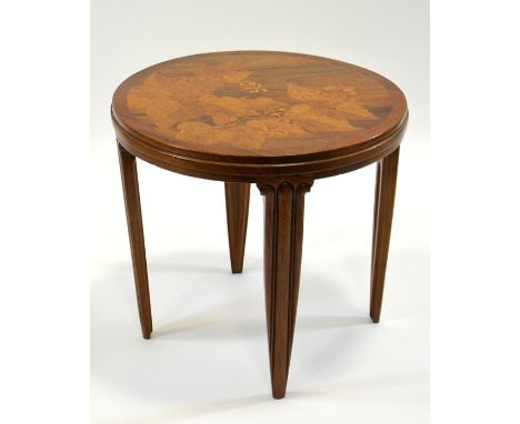 Emile Galle, an Art Nouveau marquetry occasional table, circa 1900, circular form inlaid with botanical specimen in different