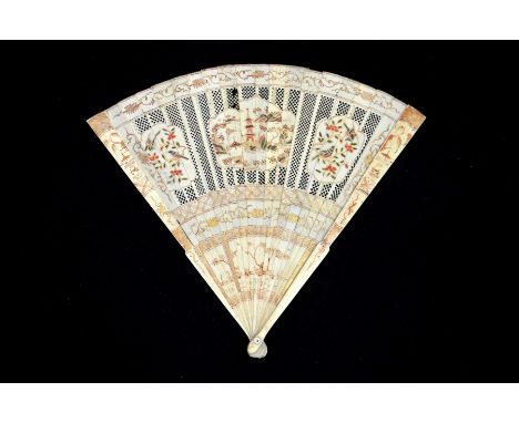 An early 18th century Kangxi famille rose style Chinese bone brisé fan, hand painted and gilt in the imari style with pagodas