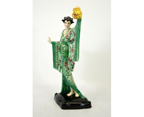 Josef Lorenzl for Goldscheider, Oriental figure holding a lantern, circa 1929, model 6006, in green and pink floral kimono, y