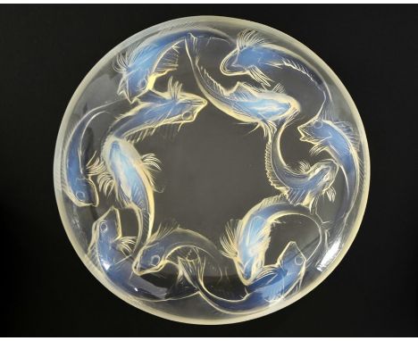 Rene Lalique, an opalescent glass Martigues tripod bowl, model 377, circa 1920, modelled with carp, raised moulded mark R Lal