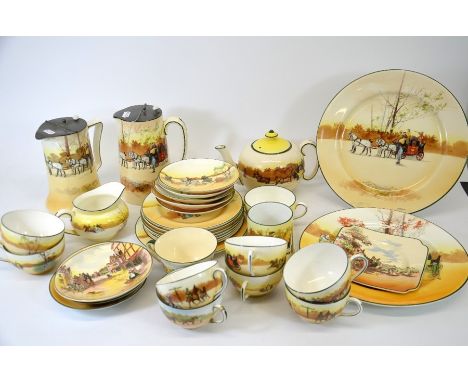 A Royal Doulton Series Ware, Coaching Days part tea set, including cups, saucers, plates and water jugs etc., circa 1920 (app