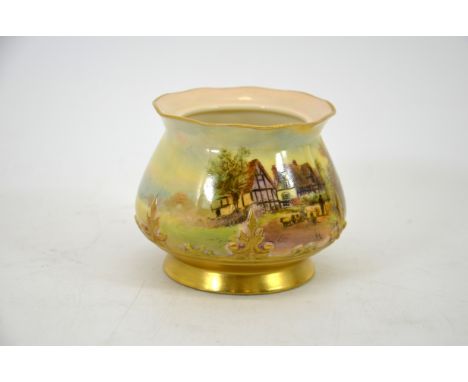 J Hendry for Royal Worcester, a sugar pot, 1924, painted with a scene Near Evesham, relief moulded balsuter form, puce mark, 