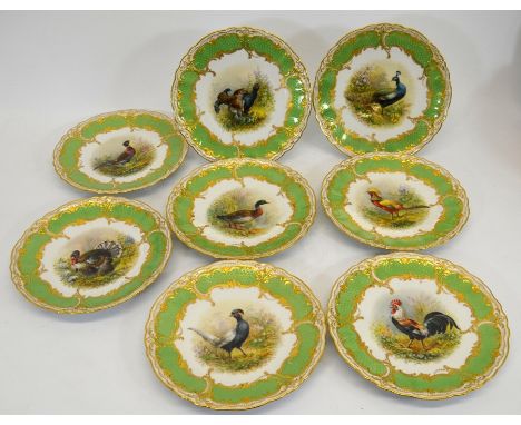 A set of eight Dresden hand painted dessert plates, each with a different game bird or fowl, signed Pfeiffer, within raised g