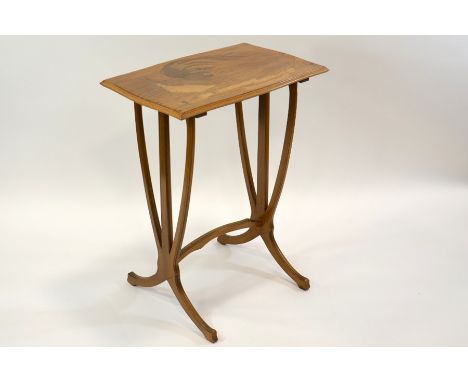 Emile Galle, an Art Nouveau marquetry side table, circa 1900, the serpentine rectangular top inlaid with cockerel and banner 