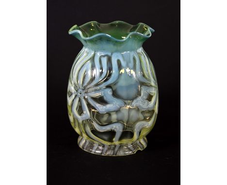 John Walsh Walsh, an Arts and Crafts glass light shade, blue and green opalescent, optic moulded flowers, ovoid form with cri