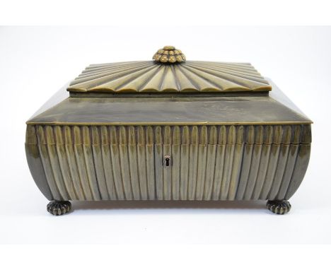 An Anglo Indian, Vizagapatam, buffalo horn box, reeded bombe form with gadrooned finial, lined in sandalwood, on horn feet, t