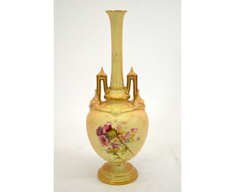 Edward Raby for Royal Worcester, a blush ivory vase, 1895, globe and shaft form with twin handled and pedestal foot, painted 