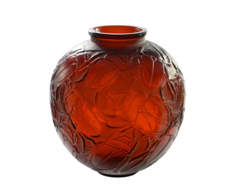 Rene Lalique, a Gros Scarabees glass vase, model 892, designed 1923, deep amber and white, spherical form, moulded in relief 