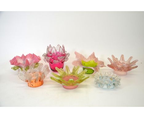 A collection of Victorian opaque, cranberry and vaseline glass light shades, collar form, crimped and moulded leaf forms, pin