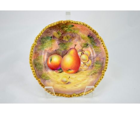 A Royal Worcester fruit painted plate, signed Lewis, pears and grapes, 15cm diameter